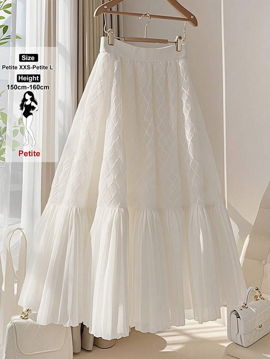SHEIN PETITE 女士时尚优雅通勤百搭雪纺拼接A字褶裙，夏季 - 白色 - 查看 1