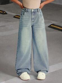 Explorewe Loose Fit Vintage Washed Denim Wide Leg Jeans For Tween GirlsCasual Style, Elastic Waist, Suitable For Vacation, Music Festival, School, Commute, Party And Other Occasions - Blue - View 5