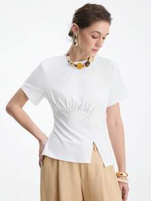 Aalyst Damen elegantes Pendler-Lässig-Büro-Raffungen-asymmetrischer Saum T-Shirt - Weiss - Übersicht 3