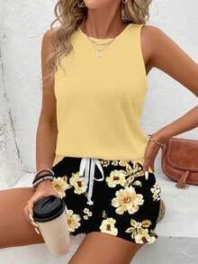 Sylviya 女士休闲圆领背心短裤两件套，适合夏季穿着 - 黃色 - 查看 3