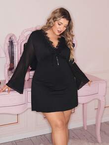 Slumberry CURVE 蕾丝拼接睡裙，性感网纱袖睡衣，优雅性感短款大码睡裙 - 黑色 - 查看 4