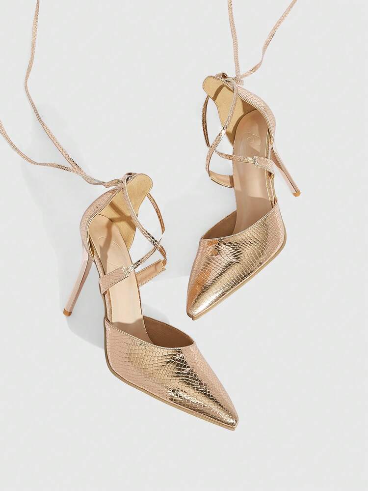 CUCCOO SZL Women Shoes Pointed Stiletto Champagne Snake Hollow Lace Up Fashion Sexy Elegant Party Banquet Night Club Women's High Heel Shoes Hollow Shoes Women's Shoes