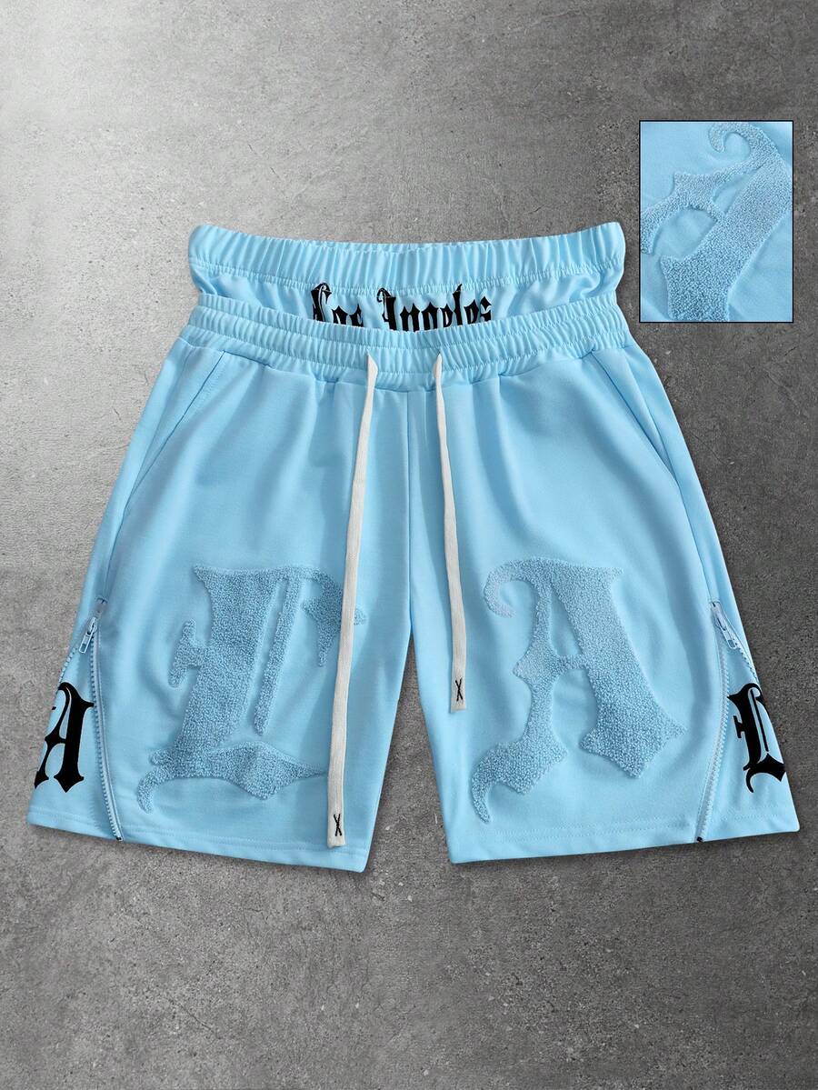 ROMWE MEN Street Life Men's Embroidered Shorts, Suitable For Daily Wear In Spring And Summer - Blue - View 1