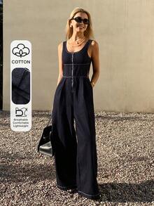 DAZY Women's Oversized Crew Neck Waist Cinched Long Casual Street Style Washed Zip-Up Original Color Denim Jumpsuit Summer - Dark Wash - View 1