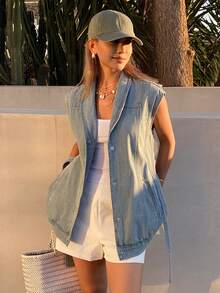 DAZY Chaqueta y abrigo de mezclilla casual con cintura ceñida y sin mangas para mujer - Lavado ligero - Ver 3