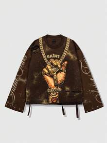 ROMWE MEN Street Life Spring Casual Graphic Vintage Street Style Distressed Saint Graphic Long Sleeve Crew Neck Men'S T-Shirt - Coffee Brown - View 4