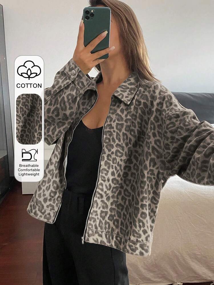 Tall Women's Extended Sleeve Leopard Print Casual Denim Jacket And Coat, Loose Fit Turndown Collar Streetwear