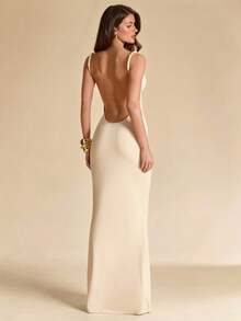 SHEIN BAE 杏色露背无袖修身连衣裙，针织连衣裙，优雅女士长裙，适合度假、海滩、郊游、春夏穿着 - 杏色 - 查看 1