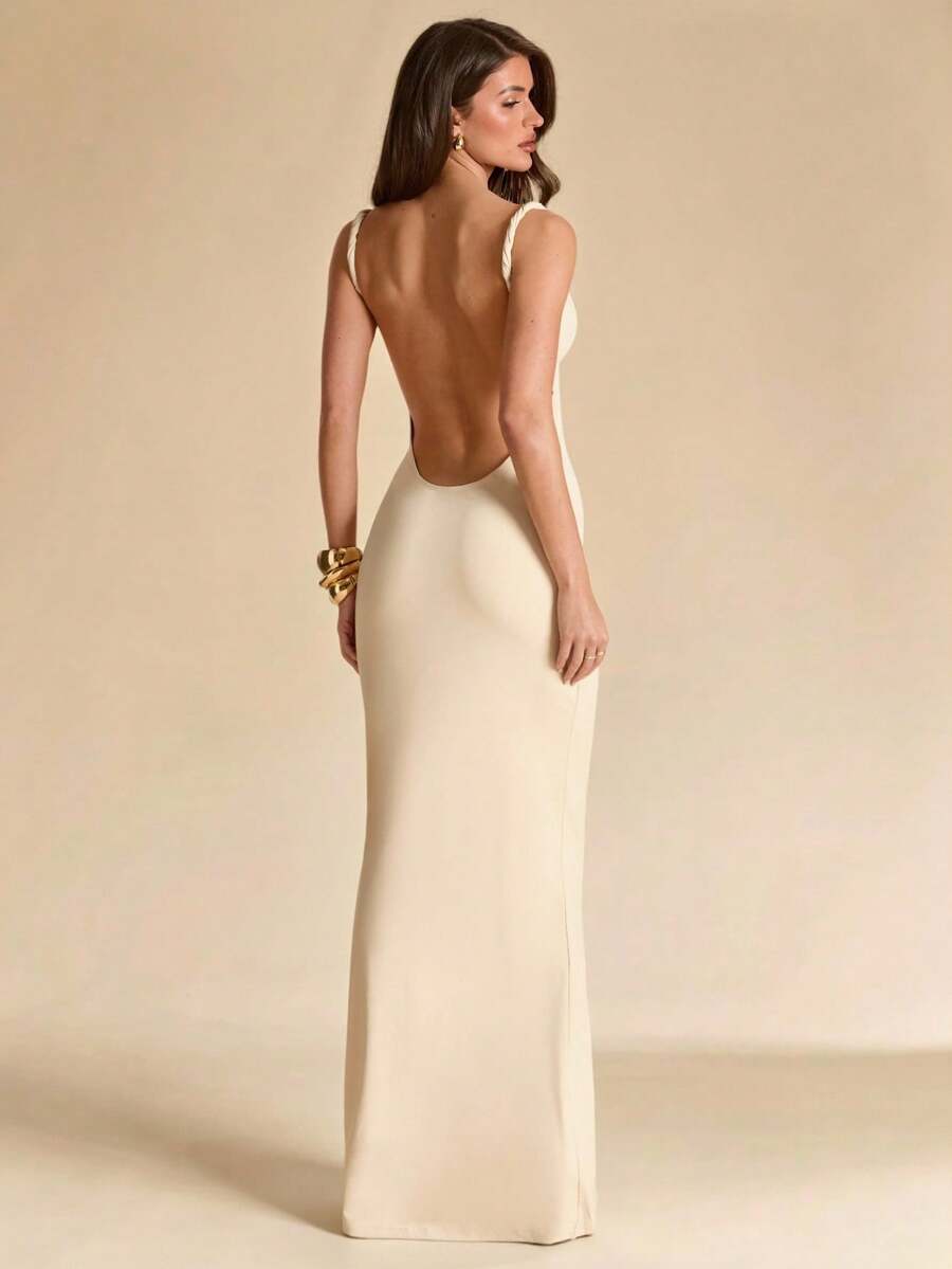 SHEIN BAE 杏色露背无袖修身连衣裙，针织连衣裙，优雅女士长裙，适合度假、海滩、郊游、春夏穿着 - 杏色 - 查看 1