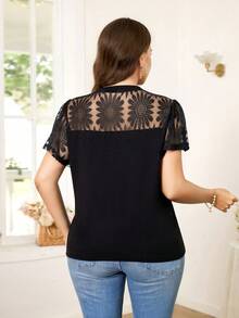 Reflora 大码女式夏季蕾丝拼接短袖上衣，外出上衣，商务休闲女装 - 黑色 - 查看 2