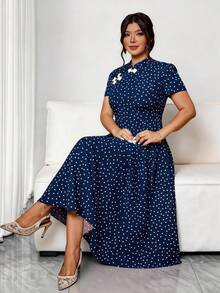 Elenzga Vestido elegante de manga corta con botones y estampado de lunares para mujer de talla grande, adecuado para el Día de San Valentín - Azul Marino - Ver 1