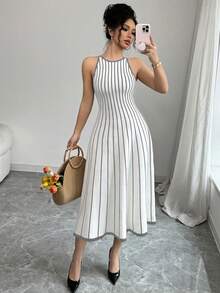 Franclia New Vintage Striped Patchwork Contrast Color Round Neck Sleeveless Knit Dress For Women - Light Grey - View 8