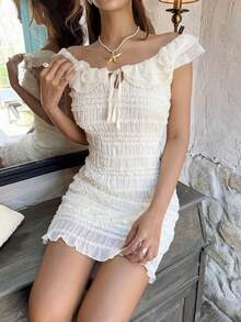 Serisse Women's Elegant Cute Sexy Romantic Cream White Summer Mini Dress, Cottage Core Sleeveless Ruffle Hem Tie Front Shirred Bodycon Dress Vacation Beach - Apricot - View 7