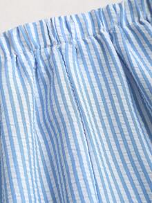 Franclia 女士法式宽松两件套，条纹系带露背上衣搭配休闲阔腿裤，时尚街头风夏季穿搭 - 藍色 - 查看 6