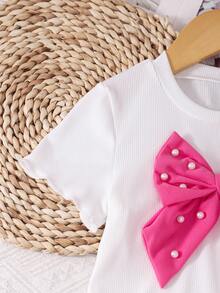 SHEIN Genkimix Kids 2件套女童（小号）纹理面料T恤，饰有3D立体花卉图案，搭配休闲裤，适合居家及休闲外出穿着 - 粉色 - 查看 8