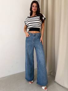 Firerie Women's Striped Asymmetric-Shoulder Short Sleeve Cropped Knit Top - Black - View 7