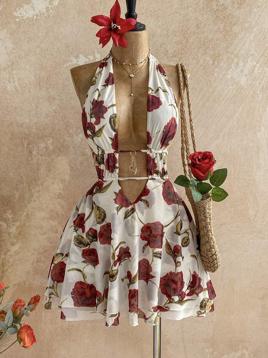 Soleia 春夏新款休闲度假西式沙滩婚礼宾客礼服毕业早午餐女装，优雅波西米亚热带性感深V领系带迷你连衣裙，饰有金属装饰，适合圣帕特里克节、春假、复活节、音乐节、情人节、派对等场合。 - 彩色 - 查看 1