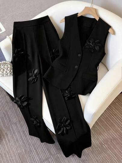 GlowEve CURVE Plus Size Women's Spring/Summer Fashion Business Fitted Sleeveless Blazer Jacket And Loose Elastic Waist Pocket Straight Leg Pants, 3D Floral, Commute & Casual