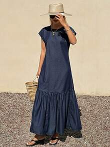 Livesso Women's Cotton Blue Round Neck Sleeveless Ruffle Hem Denim Dress, Summer - Blue - View 4