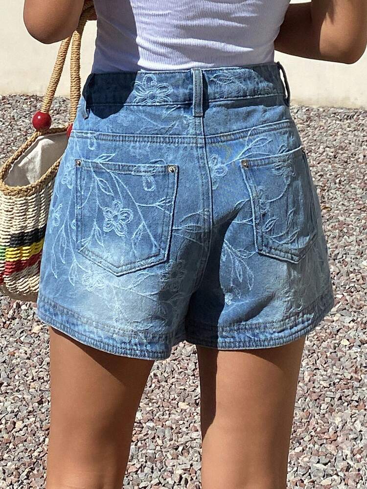 Women's Distressed Denim Shorts, Blue Textured Pattern, Casual Beach Holiday Vacation Jorts Summer Y2k