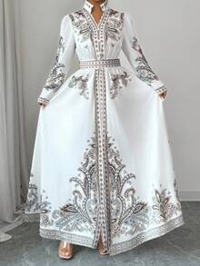 Elenzga Robe vintage élégante à col mao, épaules régulières, manches longues et taille cintrée, grande taille - Blanc - Voir 1