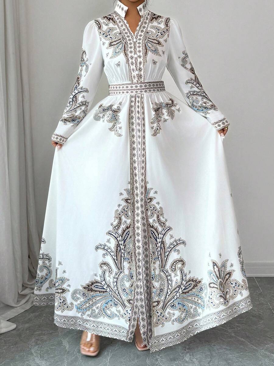 Elenzga Robe vintage élégante à col mao, épaules régulières, manches longues et taille cintrée, grande taille - Blanc - Voir 1