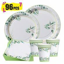 Platos, servilletas y vasos desechables con borde de hojas verdes, set de suministros para fiestas, sirve a 24 personas, vajilla de papel desechable para fiestas, adecuada para cumpleaños, bodas, fiestas temáticas y picnics familiares. - Ver 1