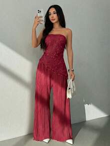 SHEIN PETITE Conjunto de 2 piezas de top bandeau y pantalones con estampado minimalista para mujer - Burdeos - Ver 6