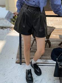 DAZY Women's Casual Solid Color Pleated PU Shorts Summer - Black - View 4