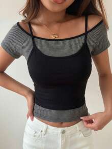 DAZY Women's Layered Style Sweet & Cool Halter Neck Short Sleeve T-Shirt, Design-Driven Hot Girl Slim Fit Versatile Top - Dark Grey - View 3