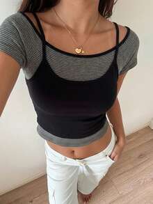 DAZY Women's Layered Style Sweet & Cool Halter Neck Short Sleeve T-Shirt, Design-Driven Hot Girl Slim Fit Versatile Top - Dark Grey - View 4