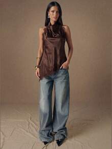 SHEIN BAE 咖啡色蕾丝拼接露背系带无袖女式上衣，蕾丝饰边，适合晚宴、鸡尾酒会、正式场合，优雅无袖设计，适合度假、夜间外出、婚礼宾客，春夏秋季皆宜。 - 棕色 - 查看 6