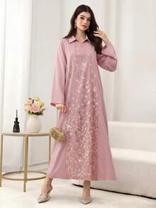 Yasmyna Đầm maxi Thổ Nhĩ Kỳ thanh lịch, tay dài, phối ren thêu và đính sequin, màu mơ, dành cho nữ, thích hợp cho mùa xuân/hè, và áo abaya truyền thống Ả Rập. - Hồng - Xem 4