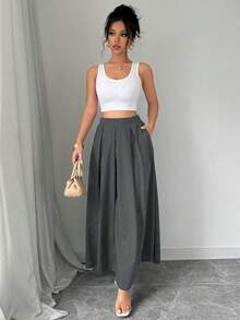 Rafferiza Petite Petite Solid Color A-Line Pocket Waist Skirt For Women Maxi Women Outfit - Grey - View 4