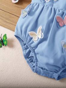 SHEIN 新生女宝宝可爱休闲蝴蝶荷叶边连体衣，夏季 - 藍色 - 查看 5