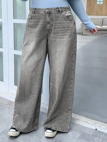 Dazy Plus Plus Size Plus Size Distressed Washed Wide Leg Long Denim Jeans,Baggy Jeans - Light Grey - View 7
