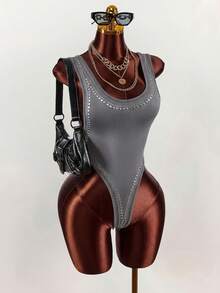 Amplova Body sexy con escote bajo y espalda descubierta con adornos de strass para mujeres - Gris - Ver 5