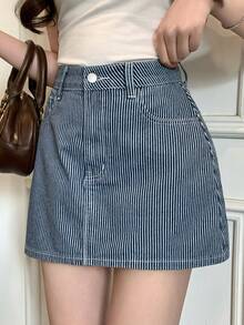 Chân váy denim ngắn dáng suông kẻ sọc kiểu dáng thường ngày dành cho nữ, thích hợp cho mùa hè. - Rửa trung bình - Xem 3