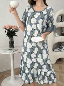 Contrast Color Ruffle Trim Short Sleeve Romantic Floral Print Long Nightgown - Multicolor - View 5