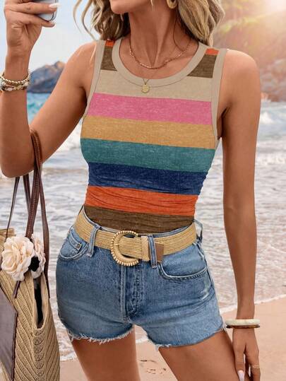 SHEIN LUNE Women's Casual Crew Neck Comfortable Tight-Fitting Base Layer Tank Top, Suitable For Summer