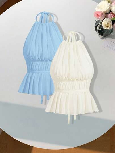 Comfortcana Women's Sexy Solid Color Ruched Backless Camisole Top 2 Pieces Set