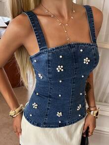 Strévra Áo hai dây ôm sát người màu xanh nhạt cổ điển, đính ngọc trai và đá pha lê, kiểu dáng patchwork, thanh lịch, thích hợp cho lễ hội âm nhạc, ngày Valentine, đám cưới, mặc thường ngày hoặc đi làm vào mùa hè. - Rửa trung bình - Xem 1