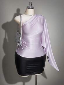 SHEIN ICON Plus Size Asymmetric Neck Ruffle Asymmetrical Flare Sleeve Satin Top, Suitable For Ball, Party, Date, Elegant Top - Mauve Purple - View 7