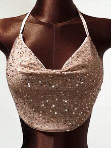 Mistrie Women's Sexy Party Halter Neck Sequin Cami - Sparkling Glamour - Dusty Pink - View 5