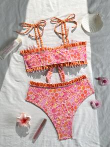 Swim Mod Women's Pink Floral & Orange Striped Spaghetti Strap Sexy Beach Vacation Swimsuit Set - Pink - View 2