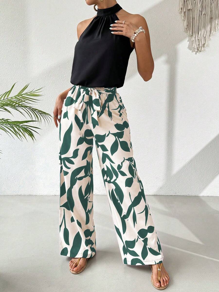 女士纯色树叶印花围巾上衣搭配松紧腰阔腿裤两件套，春夏款 - 墨綠色 - 查看 1