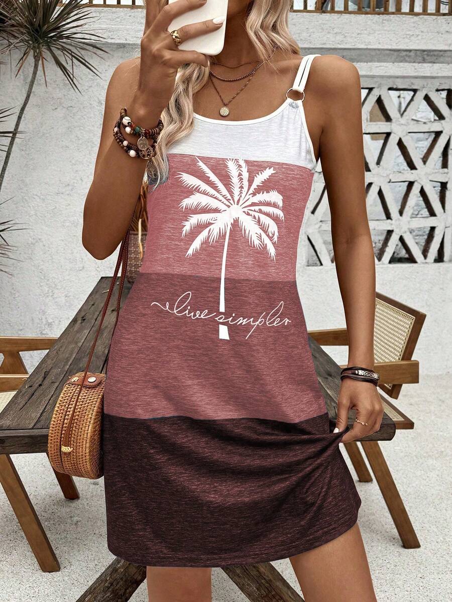 Breezaya Đầm slip dress phối màu hình cây dừa và chữ cái, có dây đeo đôi và chi tiết vòng, thích hợp cho kỳ nghỉ, trang phục đi biển cho nữ, đầm hè nữ, trang phục mùa hè nữ, đầm đi biển nữ, đầm thường ngày nữ, đầm chống nắng nữ. - Nhiều màu - Xem 1