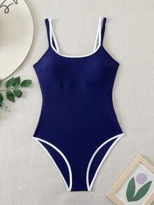 Swim Basics Áo tắm liền thân ôm sát, kiểu dáng mùa hè đi biển dành cho nữ. - Màu xanh hải quân - Xem 3