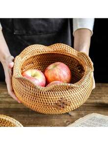 1 Buah Nampan Bulat Anyaman Rotan dengan Tepi Bergelombang, Piring Buah, Keranjang Penyimpanan Dapur, Keranjang Buah & Sayuran, Keranjang Penyimpanan Rotan Buatan Tangan - Coklat - View 4