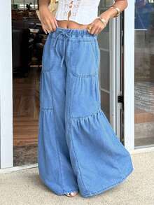 Sunnyshic Quần jeans ống rộng thoải mái dành cho nữ, thích hợp cho kỳ nghỉ. - Màu xanh lam - Xem 6